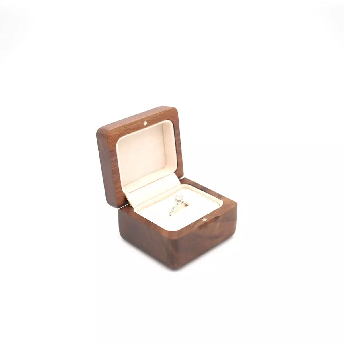 bowie ring box in oak brown 1 ring slot opening left side view