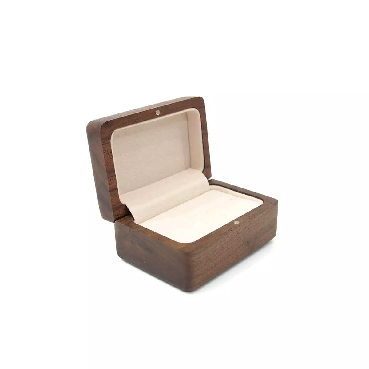 bowie ring box in oak brown 2 ring slots left side view