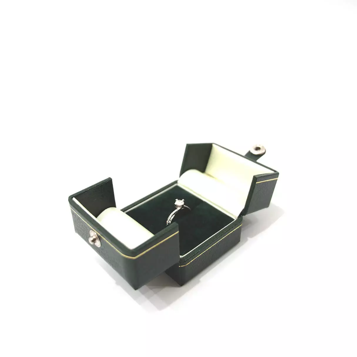 valentina ring box in green one ring slot opening left side view
